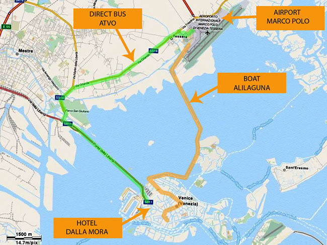 hotel dalla mora,  map with highlighted the lines of the bus and the motorboat alilaguna that depart from the marco polo airport.