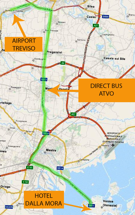 map showing the bus route from Treviso airport to Venice, and then walking to the hotel dalla mora.