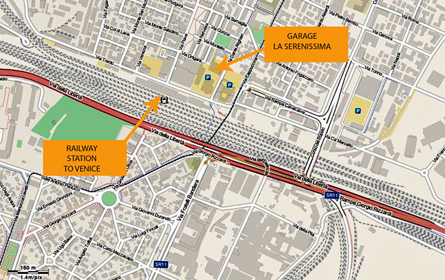 This is the map showing where the La Serenissima garage is located in Mestre. the train station is also marked to reach Venice by train.