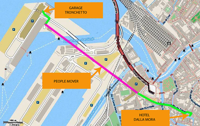 
127/5000
map showing the walking path from the garage to the hotel Dalla Mora. the use of the mover people train is planned