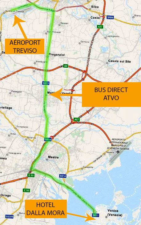 carte montrant l'itinéraire de bus de l'aéroport de Trévise à Venise, puis marche jusqu'à l'hôtel dalla mora.