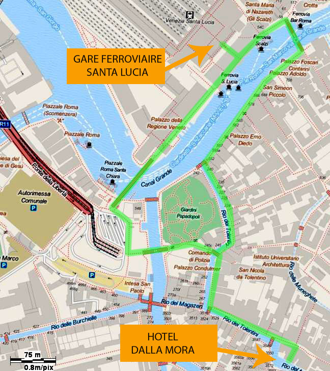 carte mettant en évidence les itinéraires à pied de la gare de Santa Lucia à l'hôtel dalla mora