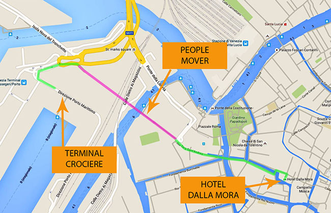 mappa con evidenziato l'itinerario dal terminal delle navi da crociera all'hotel dalla mora. Il percorso prevede anche l'utilizzo del People mover.